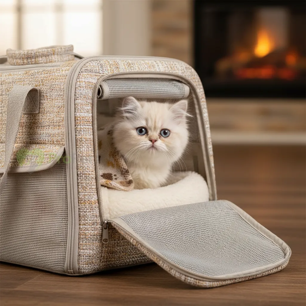 Персидский котенок в уютной переноске.